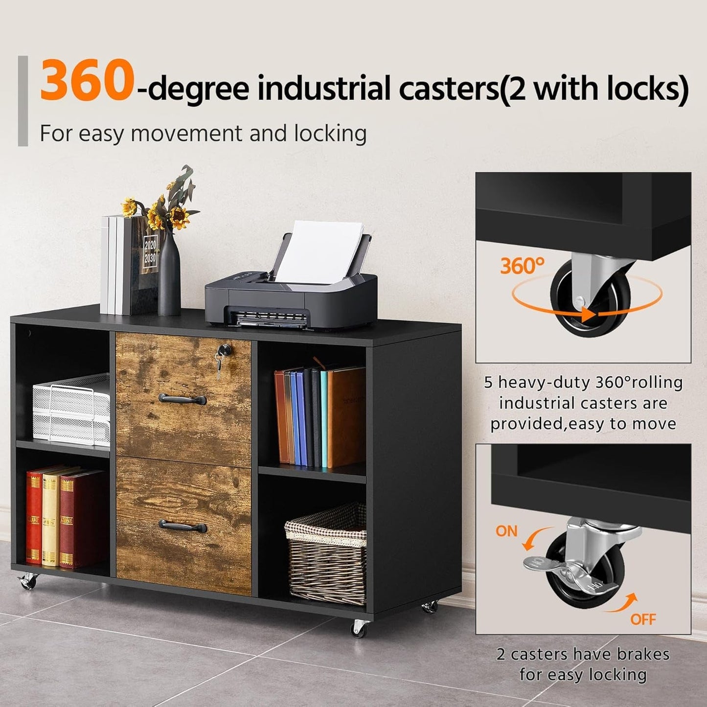 Lateral Filing Cabinet 2 Drawers 4 Open Compartments Black