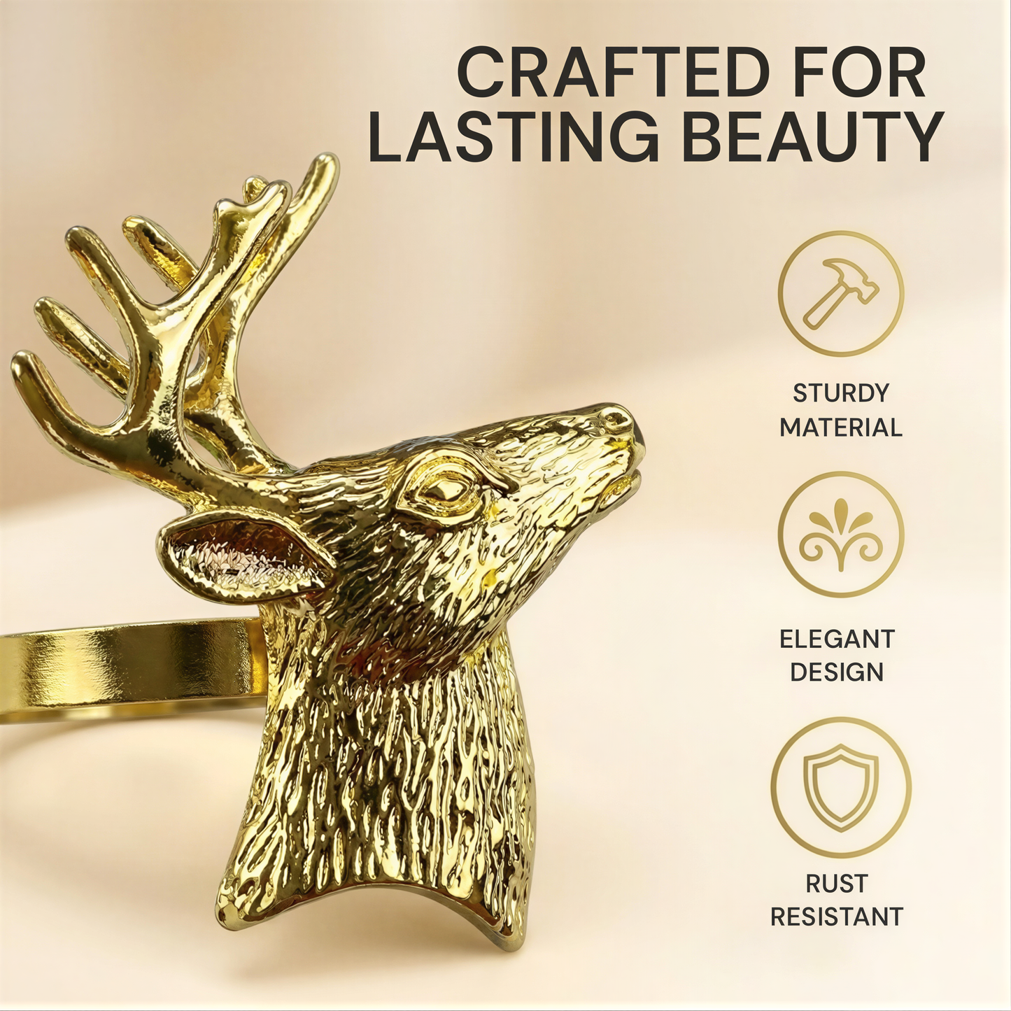 Gold Reindeer Napkin Rings – Festive Napkin Holders | Rust Resistant Table Decor Accessories