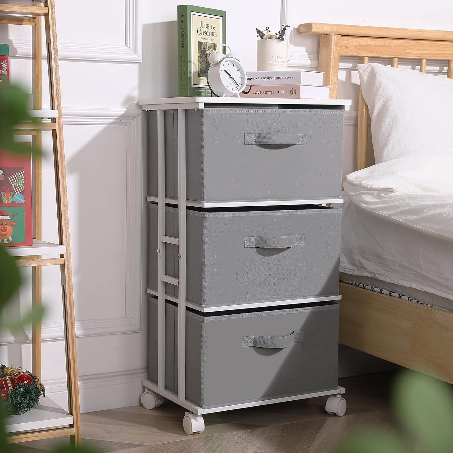 Dresser Tower 3 Drawer Dark Grey With Wood Top And Wheels
