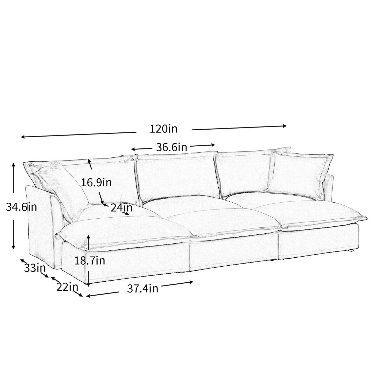 Living Room Sofa Slipcovered Sofa 3 Seater Sofa With 3 Ottomans, Oversized 3-Seat Sleeper Sofa Bed Home Theater Sofa,  Chenille, Green