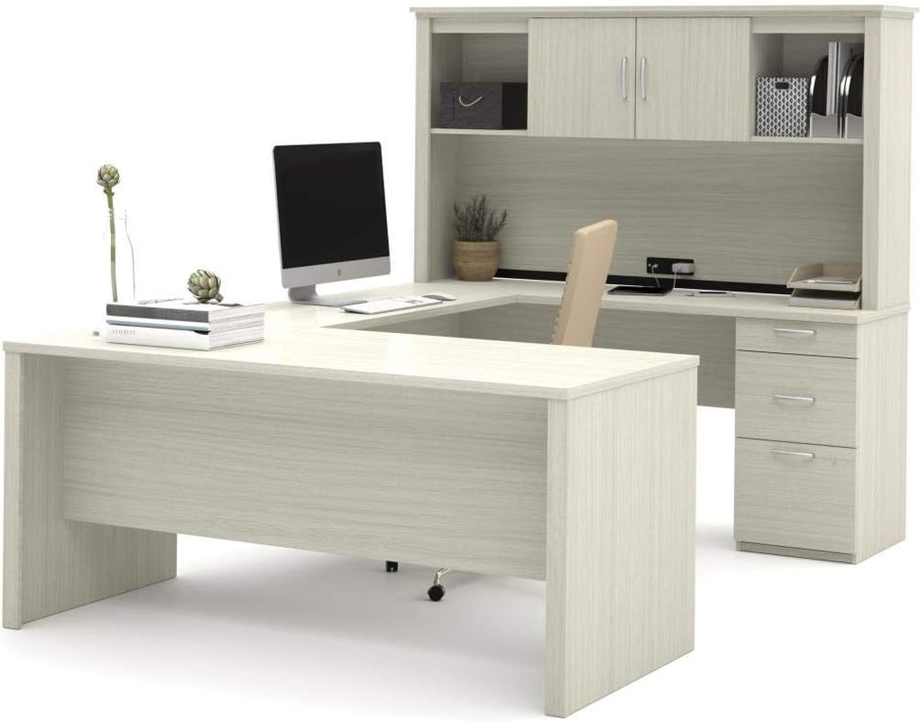 66W White Chocolate L Shaped Executive Desk With Hutch