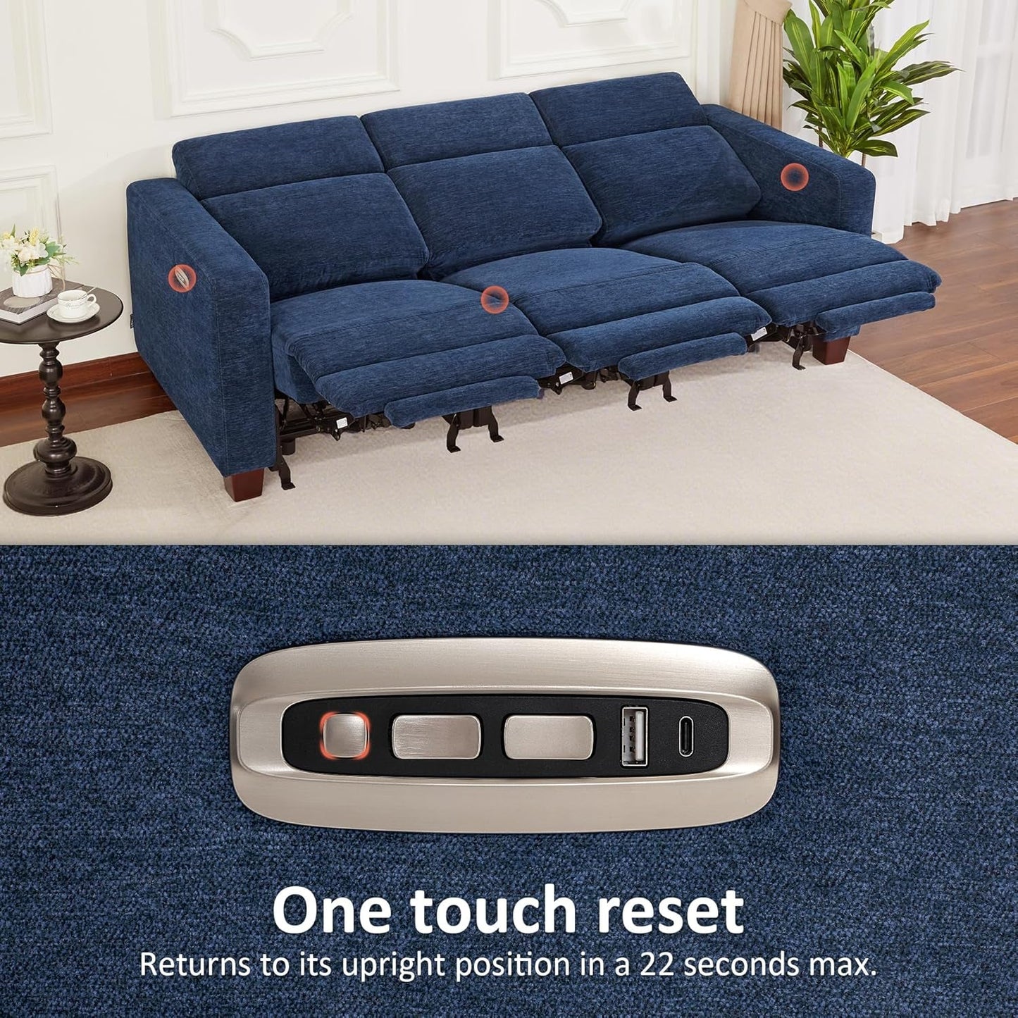 Navy Blue Zero Wall Hugger Power Reclining Sofa USB Ports
