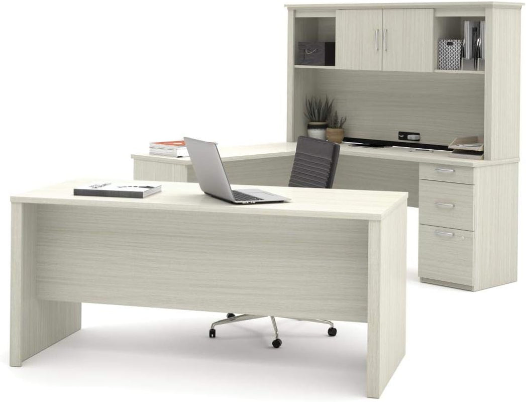 66W White Chocolate L Shaped Executive Desk With Hutch