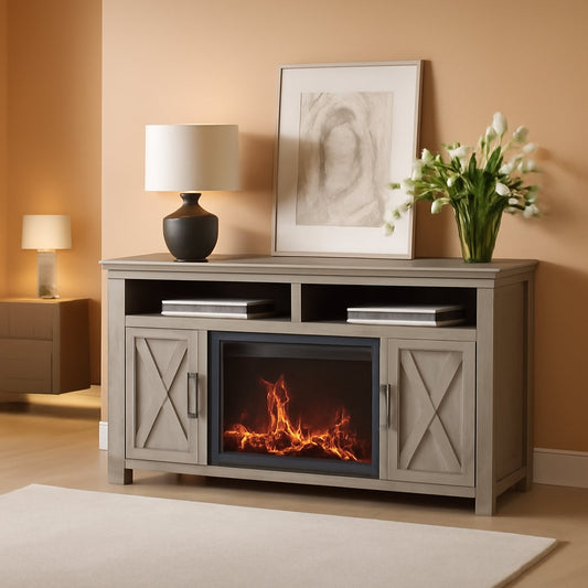 Barn Door Electric Fireplace TV Stand For 65 Inch TVs Gray