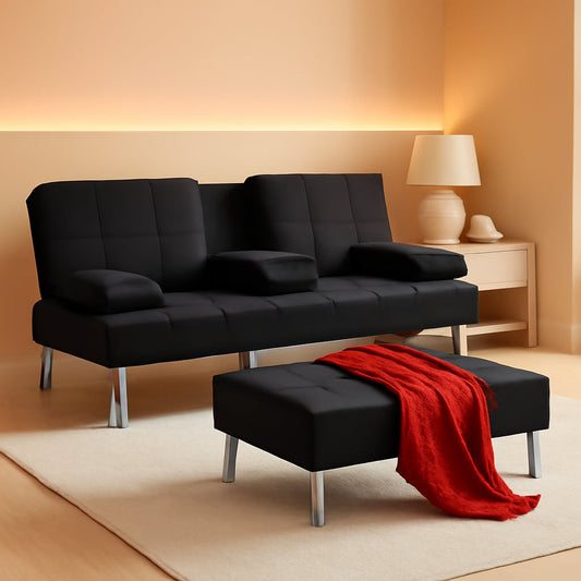 Black Linen Folding Futon Recliner With Cupholders