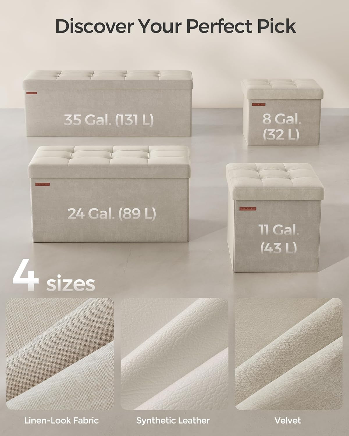 Cream White Foldable Storage Ottoman Bench 15x30x15