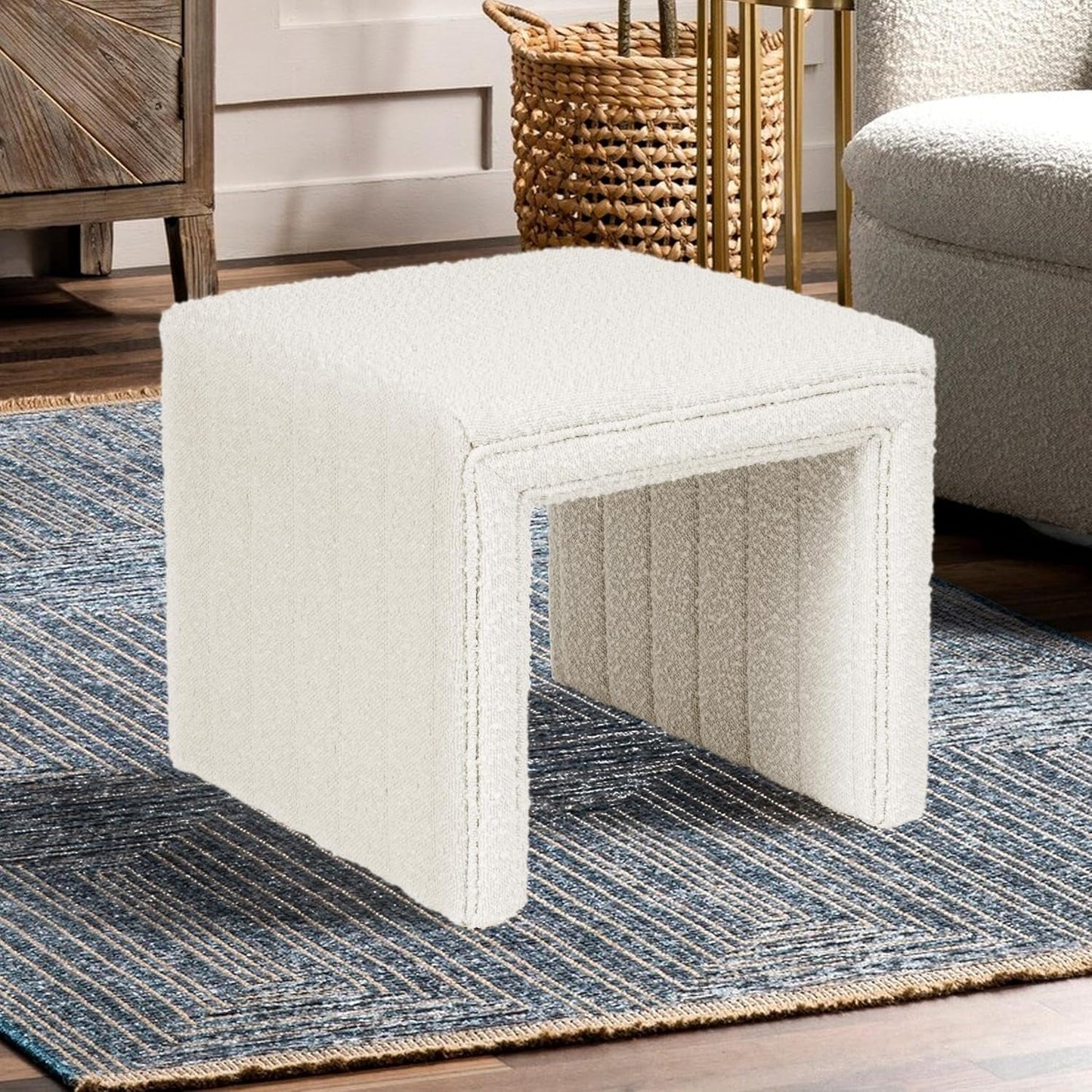 Cream Soft Boucle Upholstered Ottoman Footrest 18 Inches