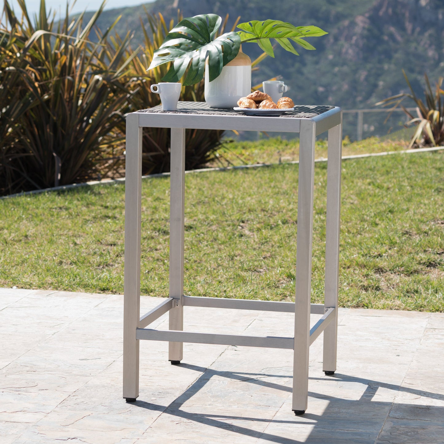 43" Outdoor Aluminum Frame Bar Table with PE Rattan Table Top