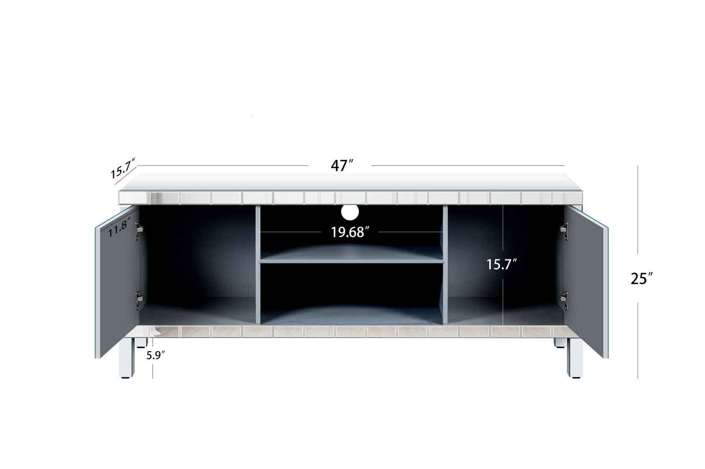 47 Inch Mirror TV Media Console with Diamond Glass Doors, Dual Door Design and Open Storage Space, Compatible with 50-Inch TVs&Modern Decor for Living Room & Bedroom