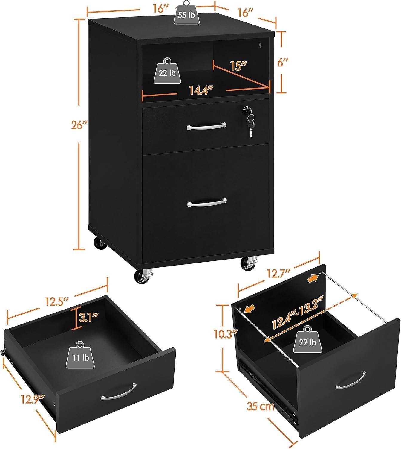 Black Under Desk File Cabinet 2 Drawers Lockable Wheels