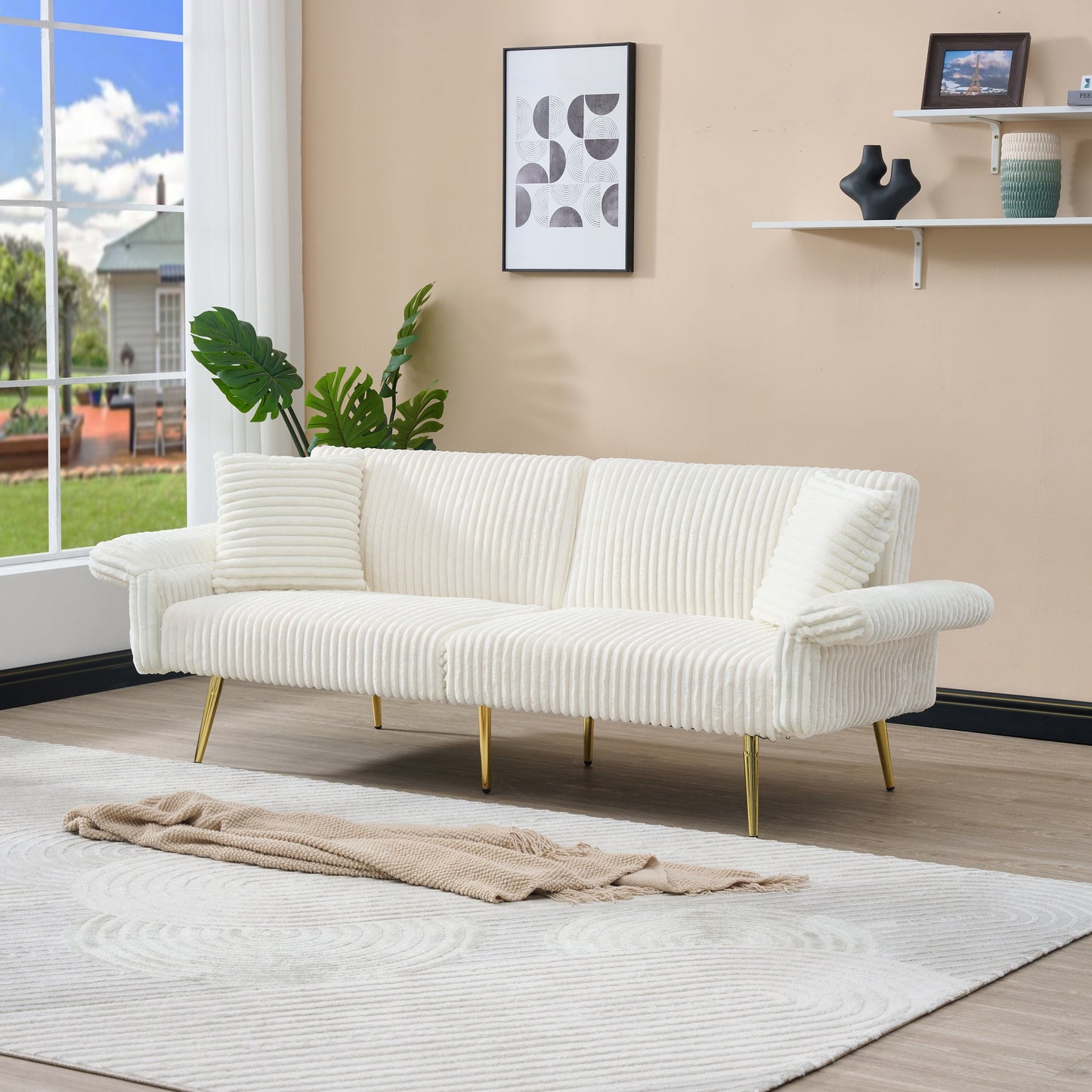 Corduroy Foldable Double Sofa Bed with Folding Armrests for Living Rooms and Small Spaces, 79 Inch