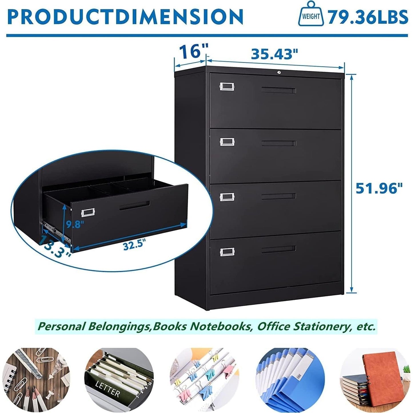 Lockable 4 Drawer Lateral File Cabinet For Office Use