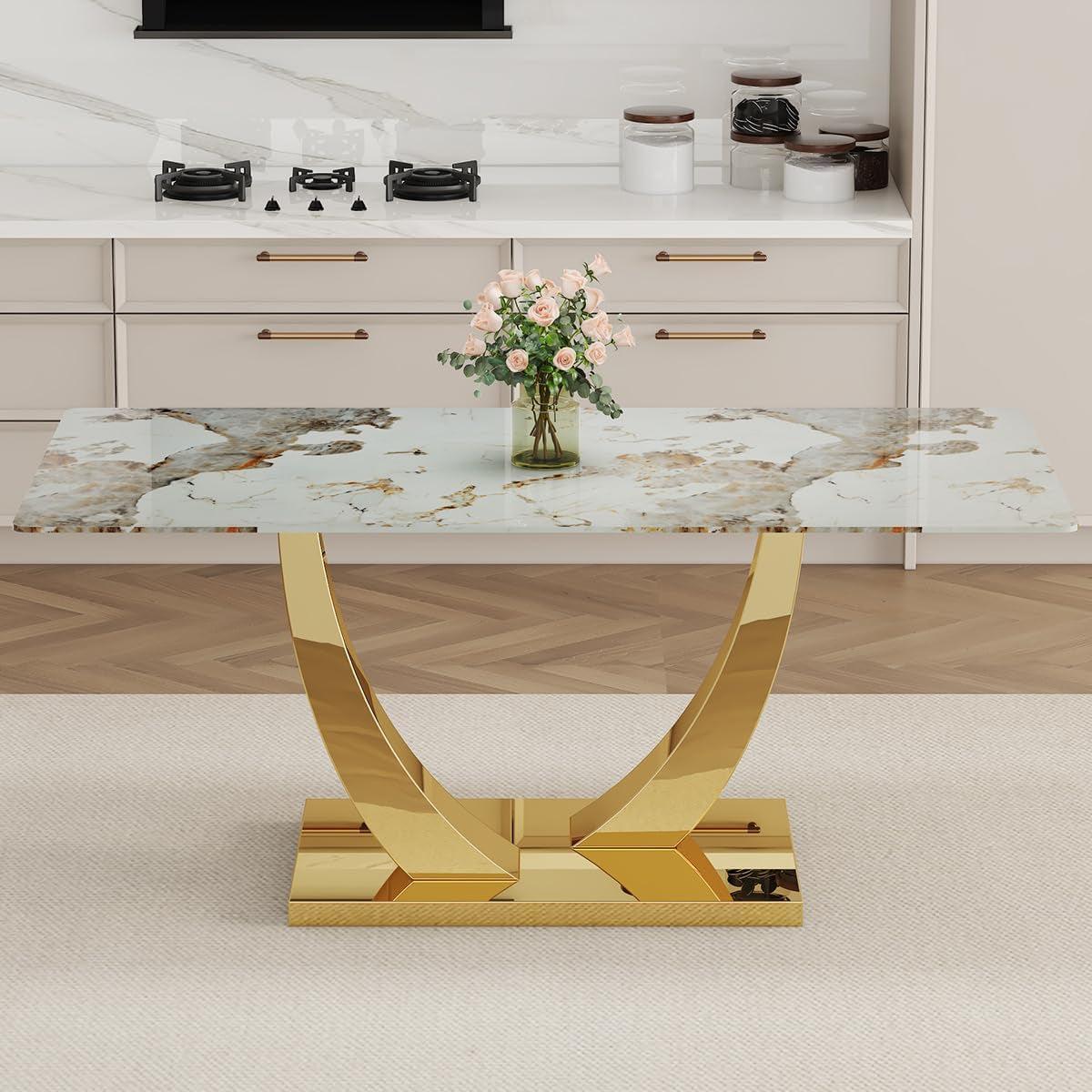 71 Inch Faux Marble Dining Table Tempered Glass Top