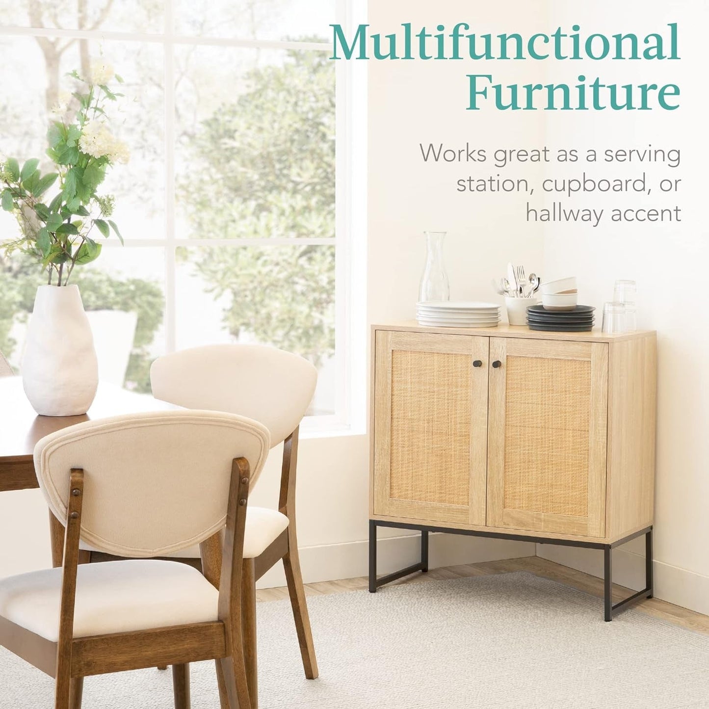 Two Door Rattan Storage Cabinet Natural Finish With Non Scratch Foot Pads For Living Room Hallway Kitchen