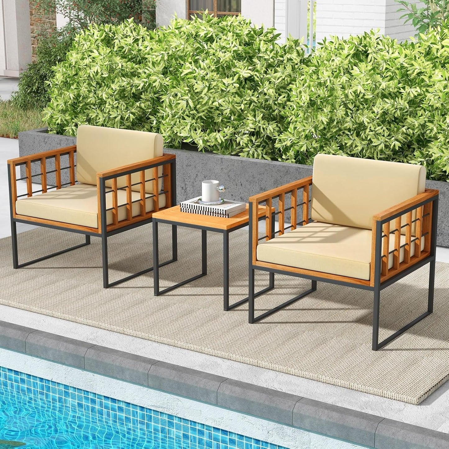 Three Piece Acacia Wood Patio Chair Set With Cushioned Seats For Balcony Porch And Backyard Beige