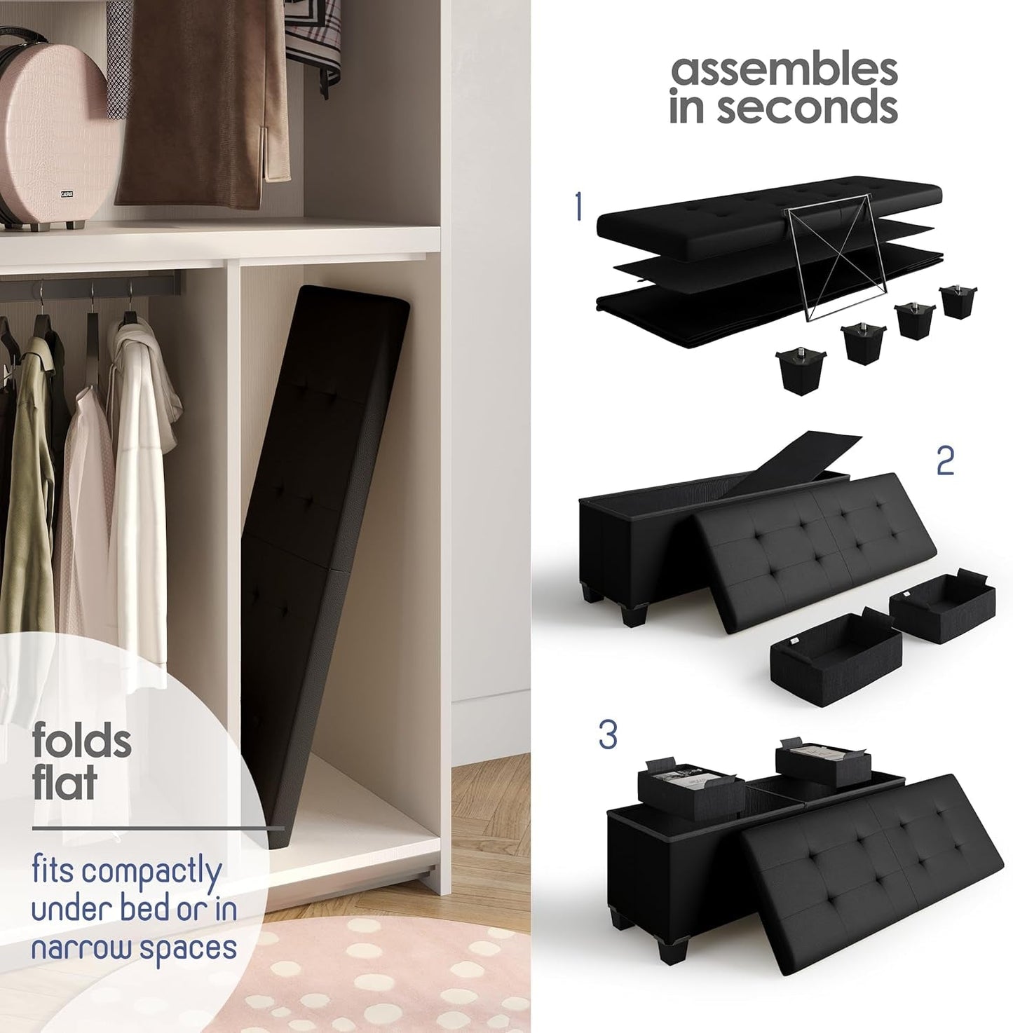 Black Forty ThreeInch Premium Multifunctional Storage Ottoman Bench