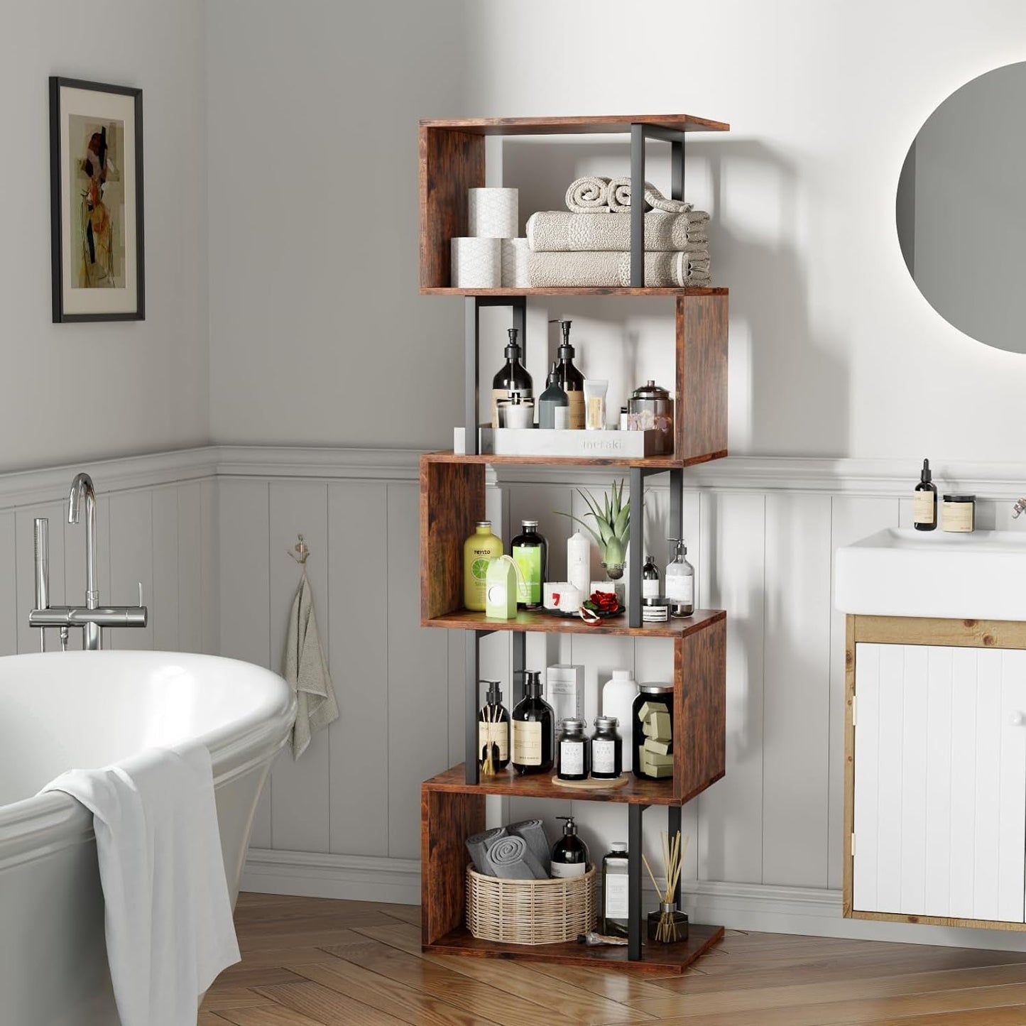 S Shaped 6 Tier Bookshelf Wood And Metal Room Divider