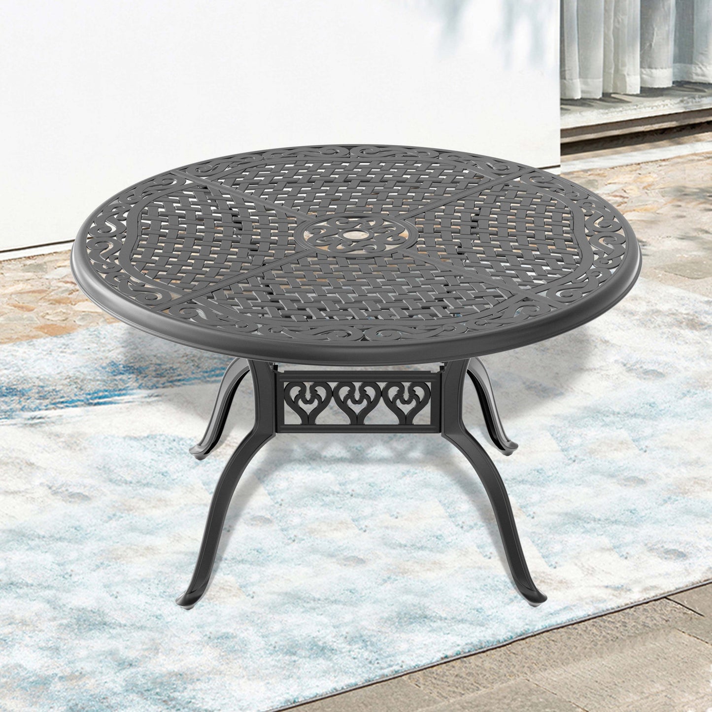 Ø48-inch Cast Aluminum Patio Dining Table with Black Frame and Umbrella Hole