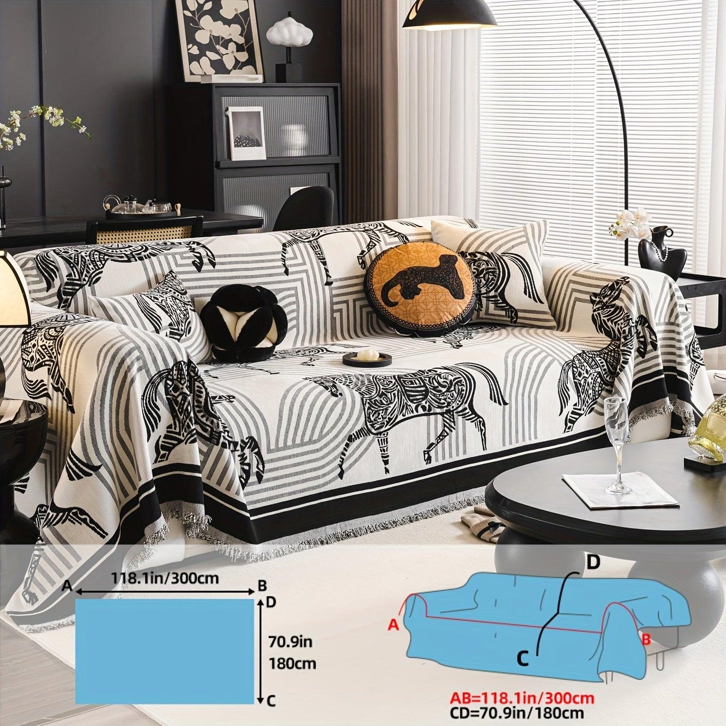 Luxurious Chenille Horse Design Sofa Cover Decor in Orange & Green