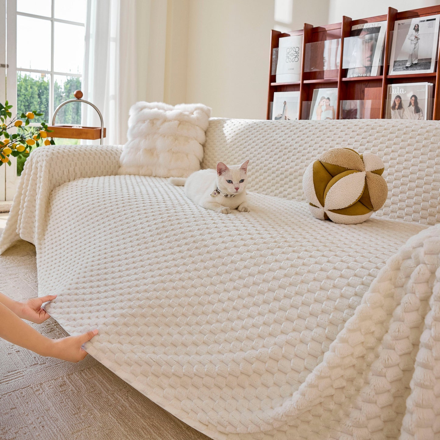 Thick Plush Non-Slip Sofa Throw Cover, Warm Soft Faux Fur Couch Protector for Winter