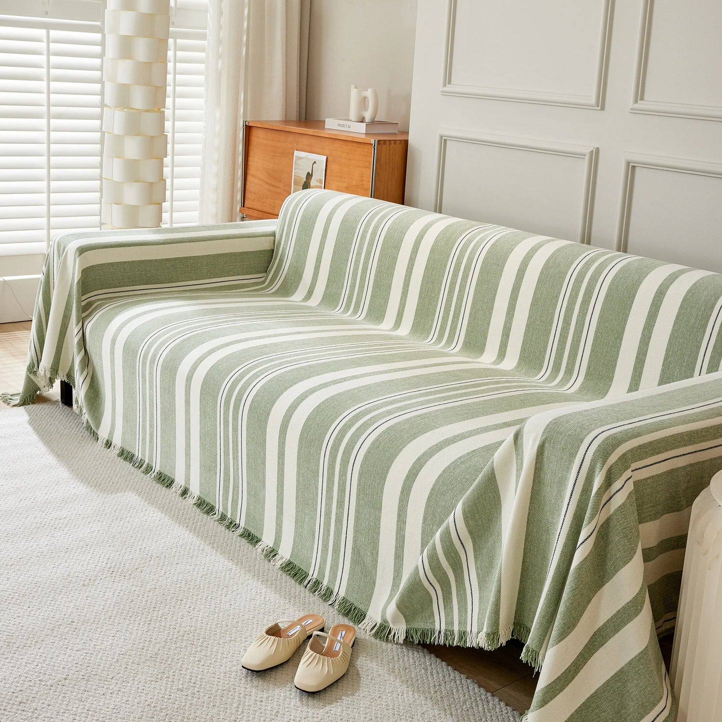 Striped Chenille Sofa Slipcover Throw, Soft Thick Washable Couch Cover Blanket