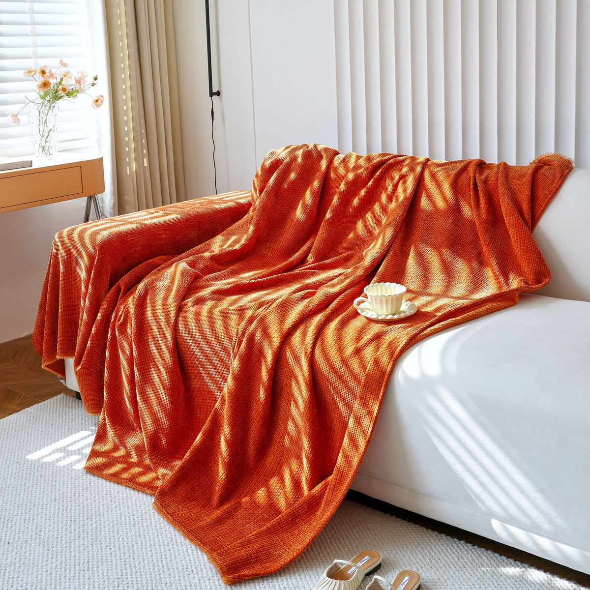Chenille Thickened Solid Couch Blanket Throws, Reversible Couch Covers for Sectional Couches