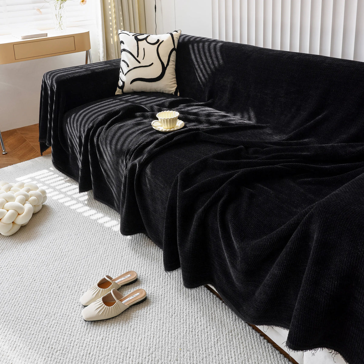 Chenille Thickened Solid Couch Blanket Throws, Reversible Couch Covers for Sectional Couches