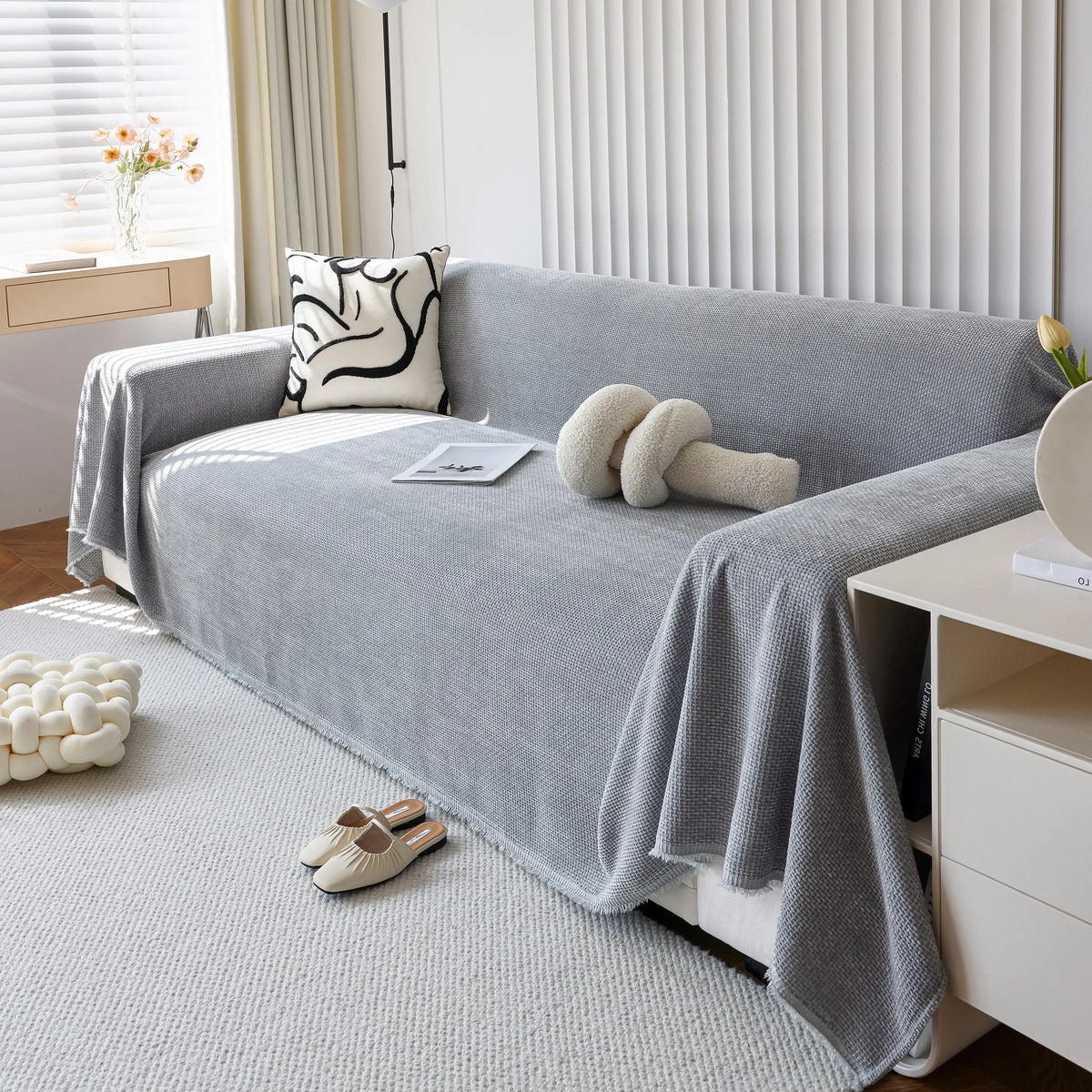 Chenille Thickened Solid Couch Blanket Throws, Reversible Couch Covers for Sectional Couches