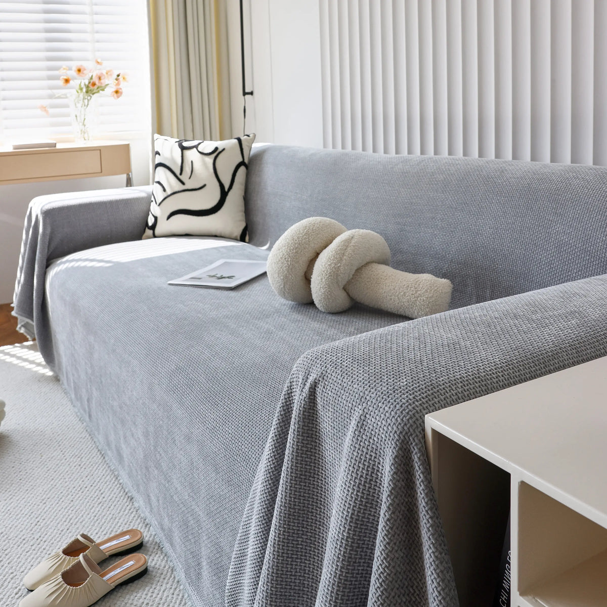 Chenille Thickened Solid Couch Blanket Throws, Reversible Couch Covers for Sectional Couches