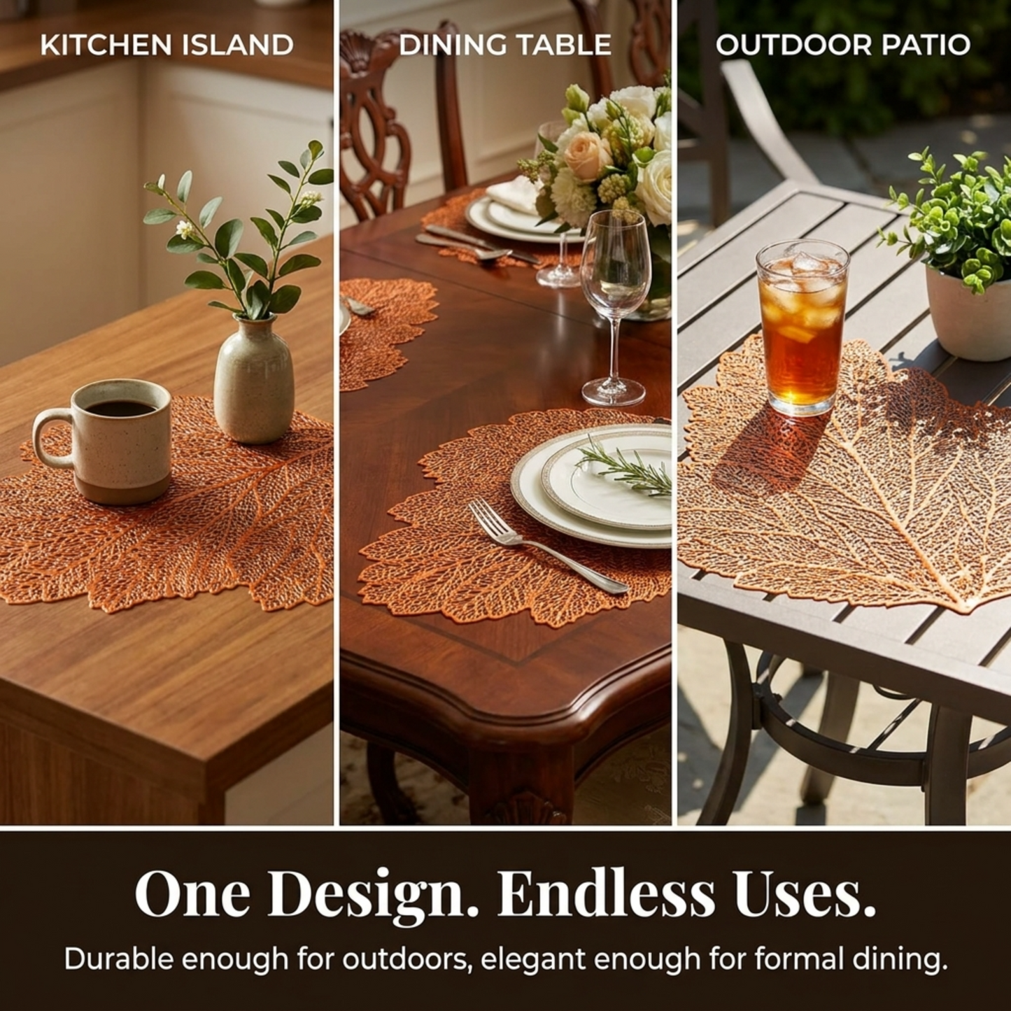 Vinyl Placemats - Rose Gold Leaf Cut Out Set of 6 | Non Slip, Heat Resistant