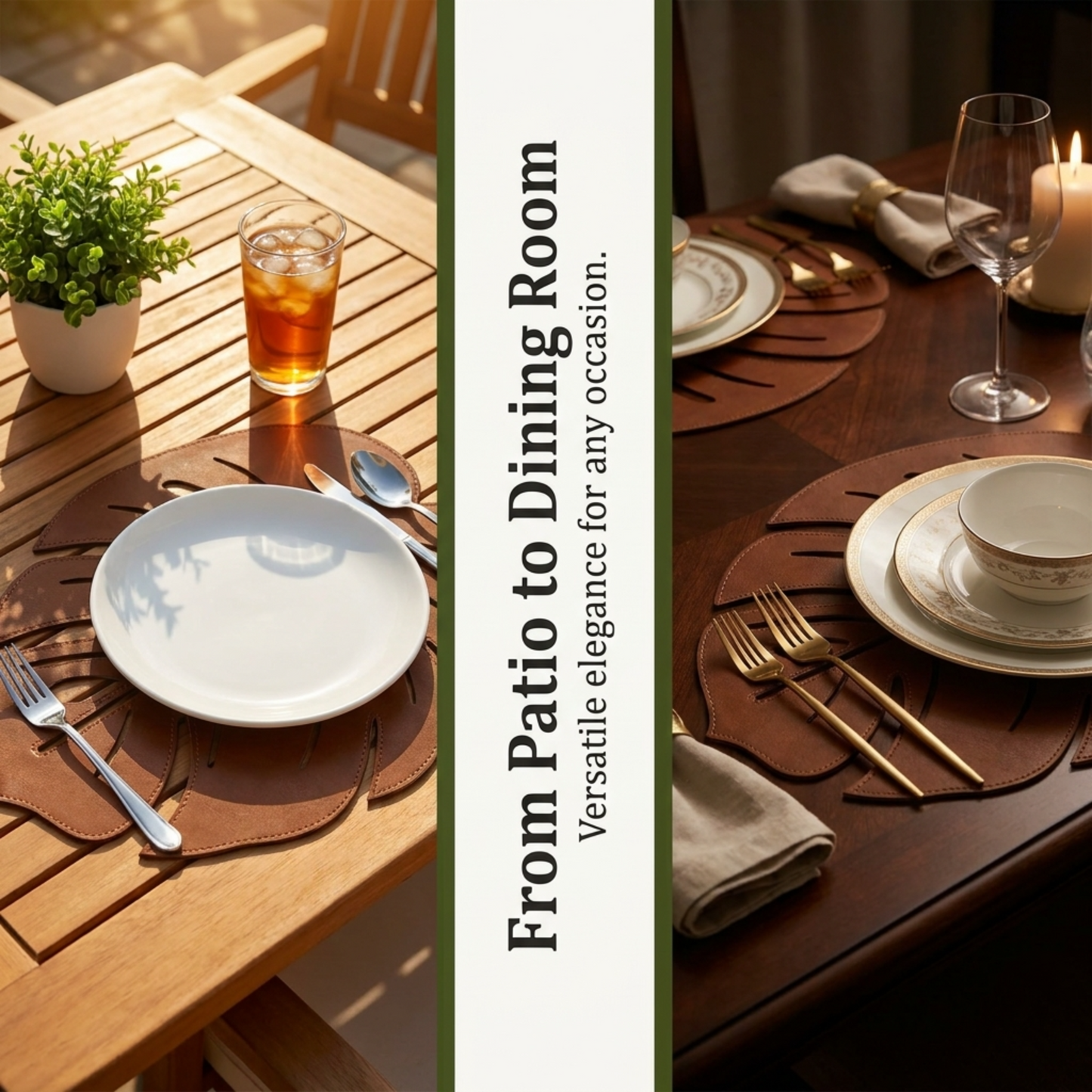 Leather Placemats Set of 6 – Monstera Leaf Design, PU Embossed, Heat Resistant