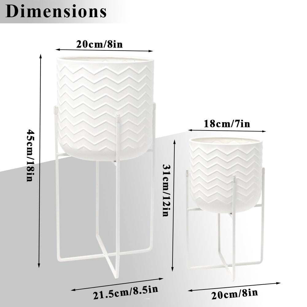 Dimensions of Set of 2 Planters With Stand 17&12 Tall Flower Pots Bright White, showcasing sizes and design details.