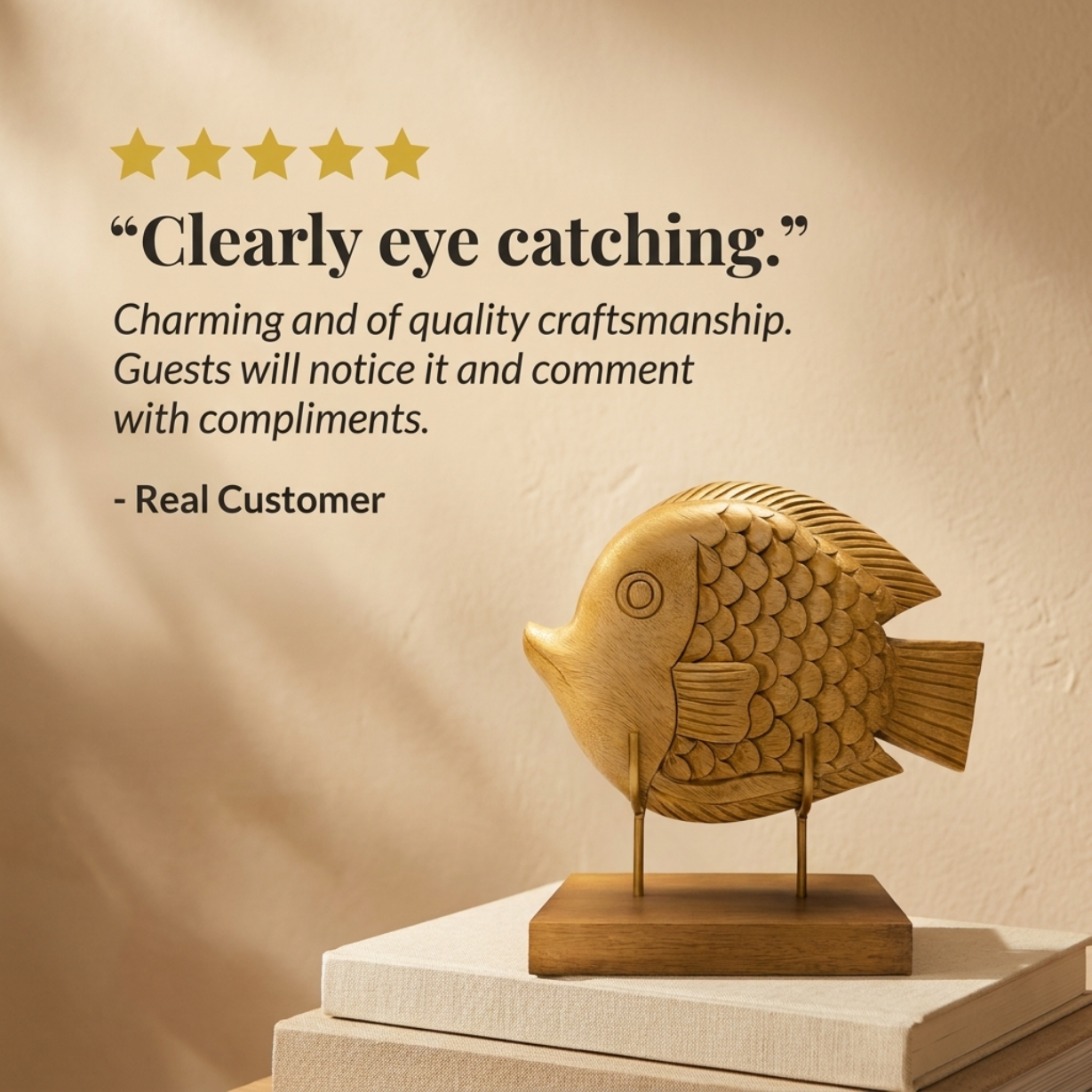 Handmade Wooden Sculpture – Hand Carved Fish Statue, Acacia Wood Decor Gift