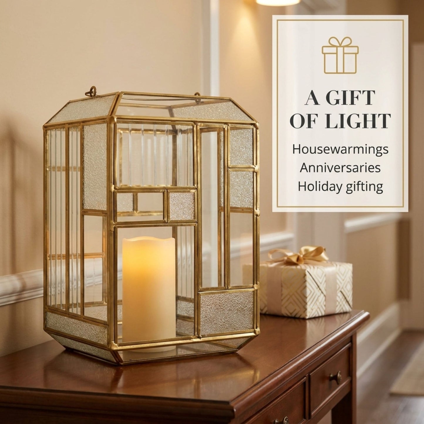 Gold Candle Holder - Modern Glass Metal Lantern for Pillar Candles Indoor & Outdoor Decor