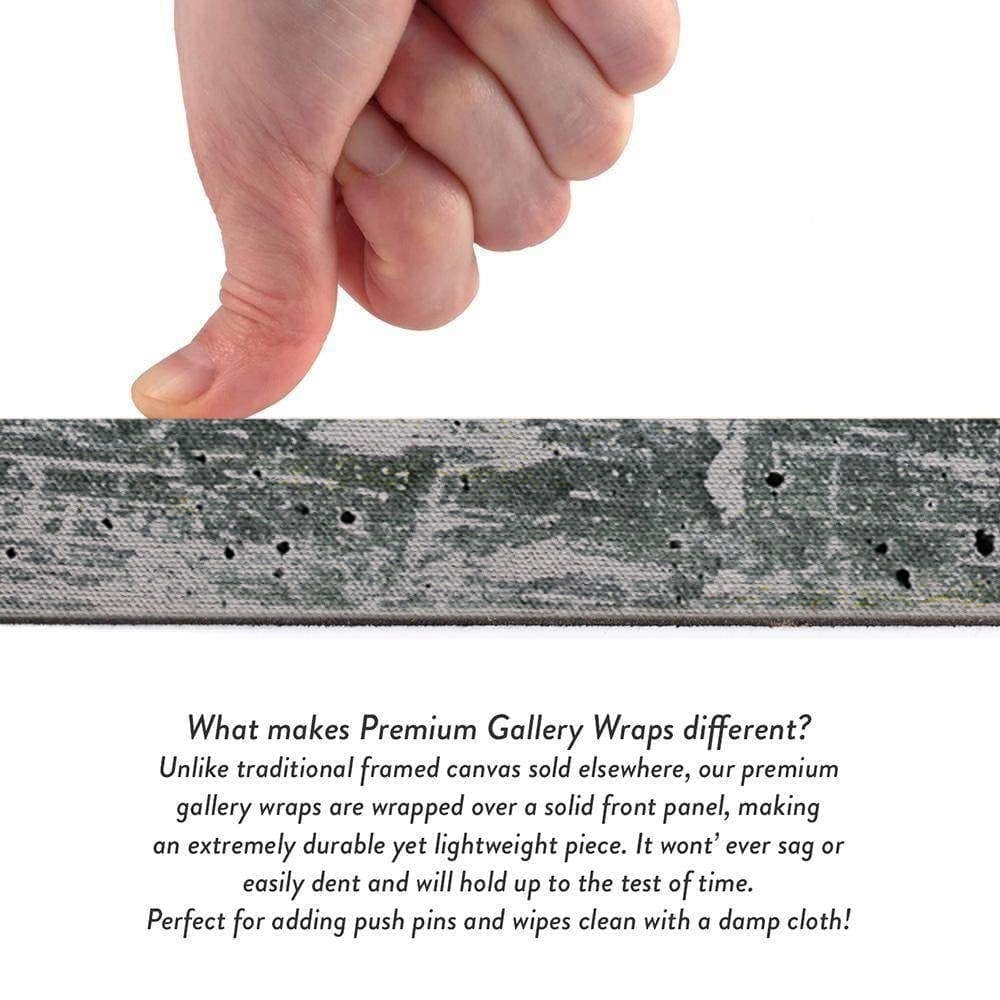 Hand holding a strip of premium gallery wrap with text explaining its features.