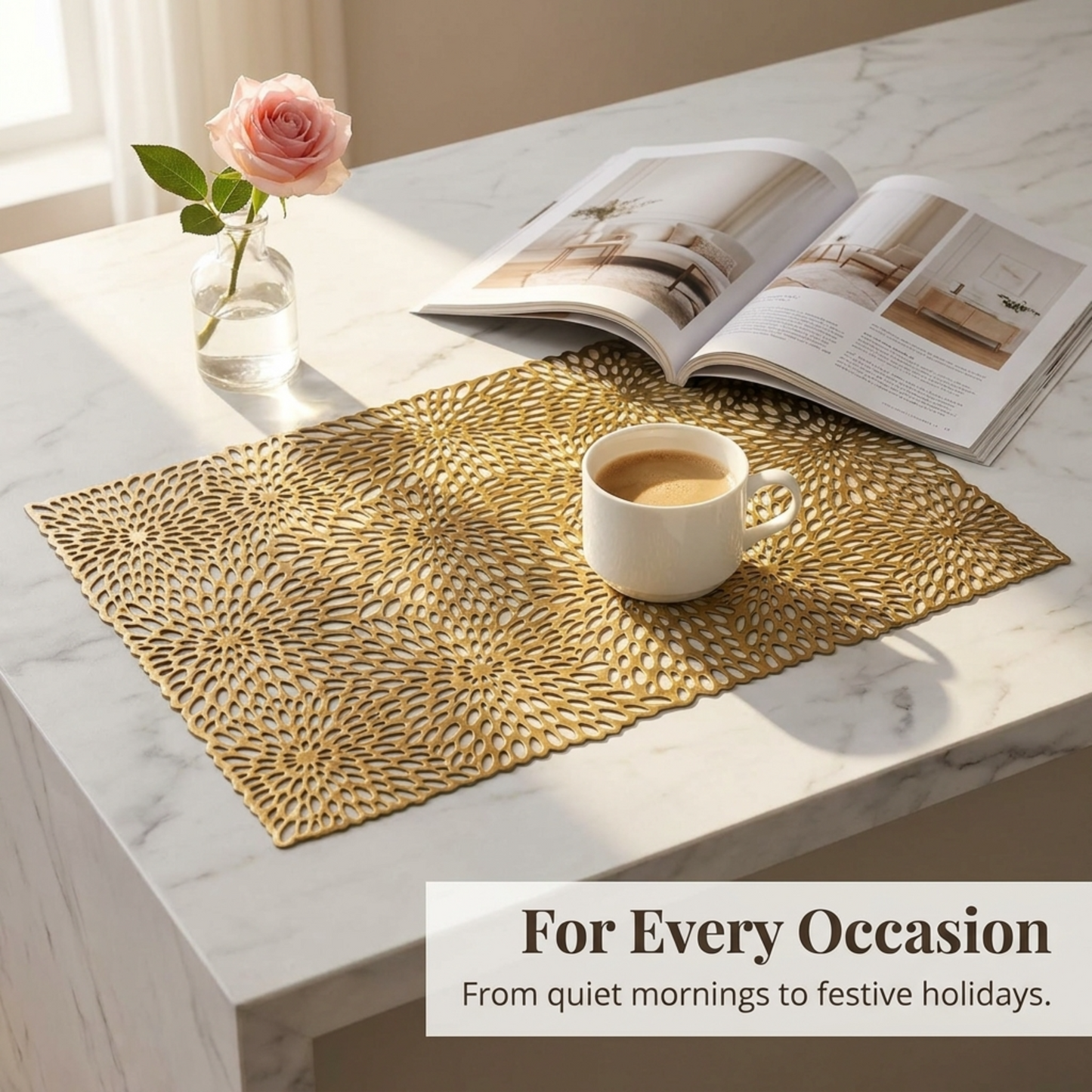 PVC Placemats - Gold Non Slip Table Mats | Heat Resistant Indoor Outdoor Set