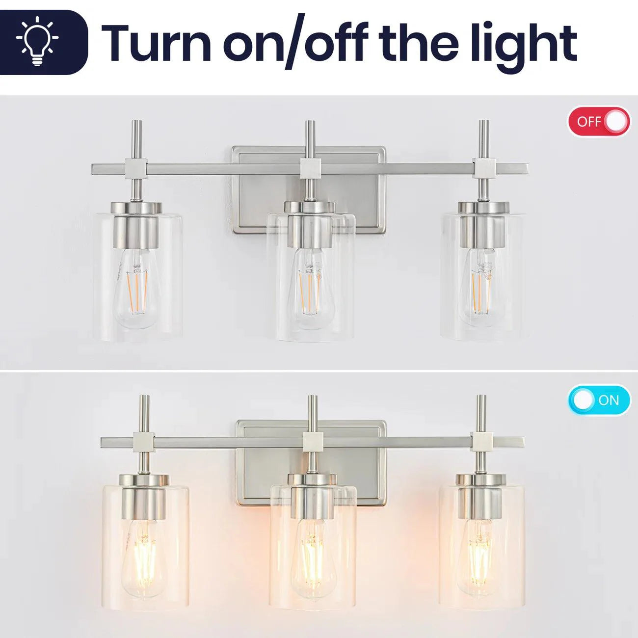 Jasper 3-Light Modern Clear Glass Bathroom Vanity Light, Black & Nickel