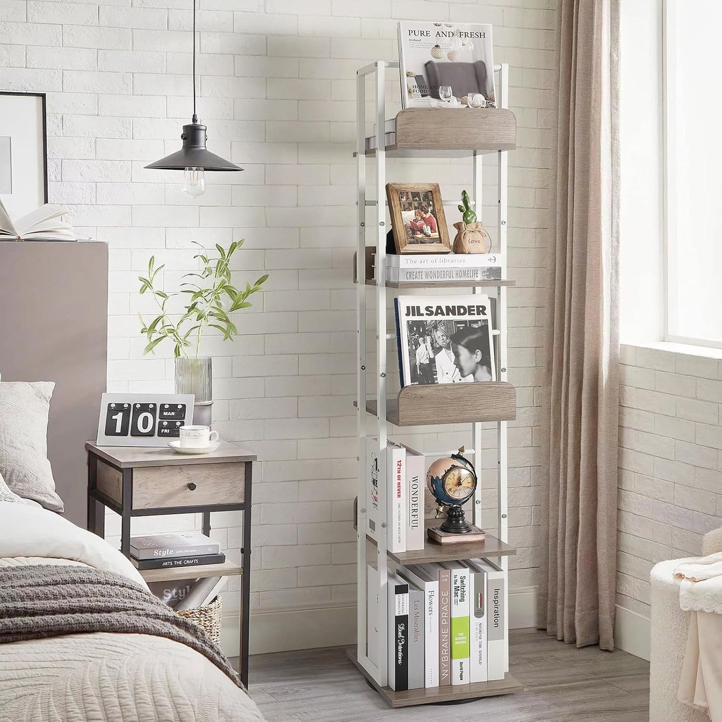 5-Tier Rotating Corner Bookshelf White Wood And Metal Slim