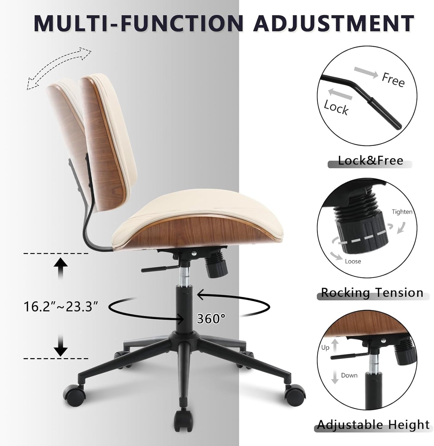 Armless Office Chair With Wheels Beige PU Leather Ergonomic