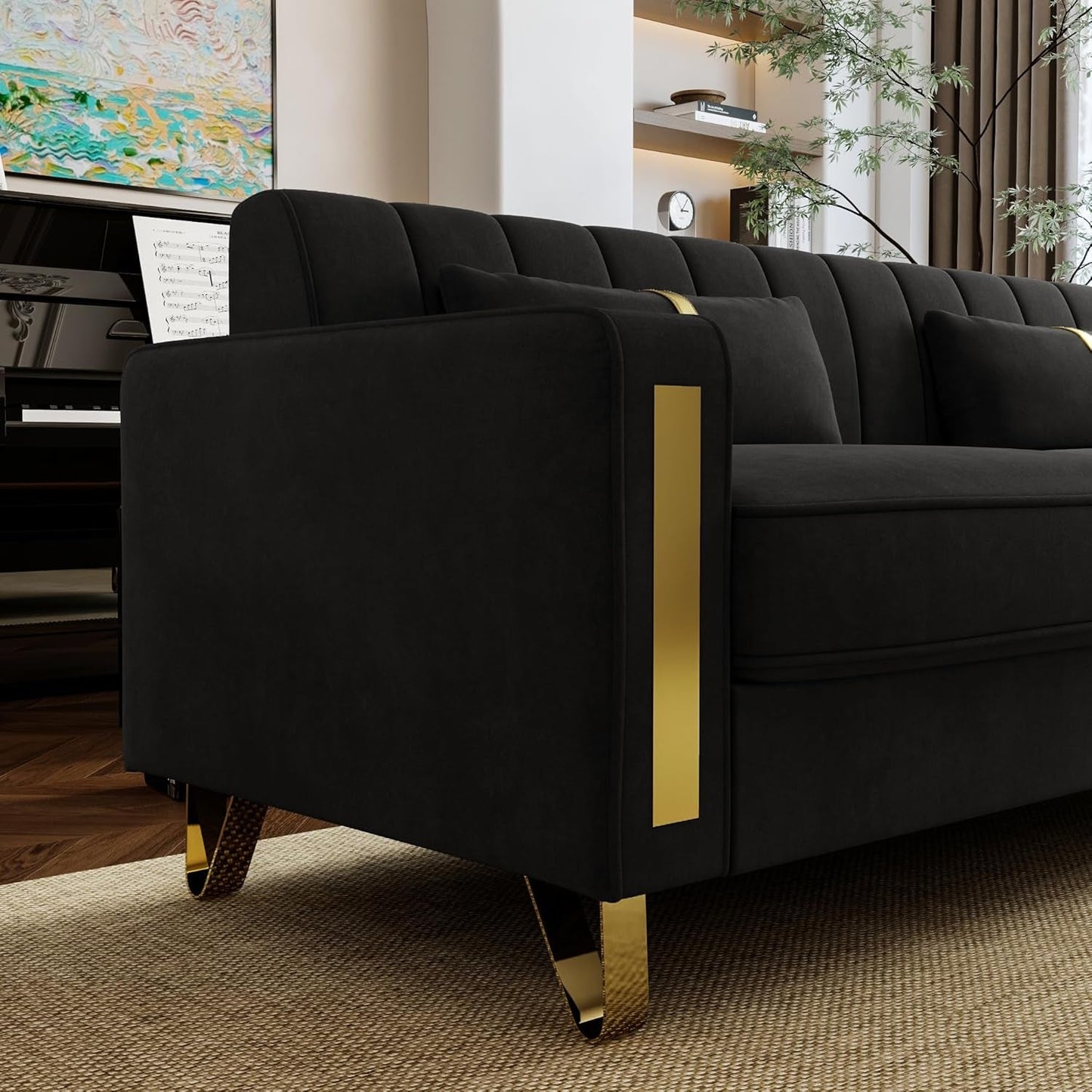 86-Inch Black Velvet Loveseat With Gold Metal Legs For Living Room