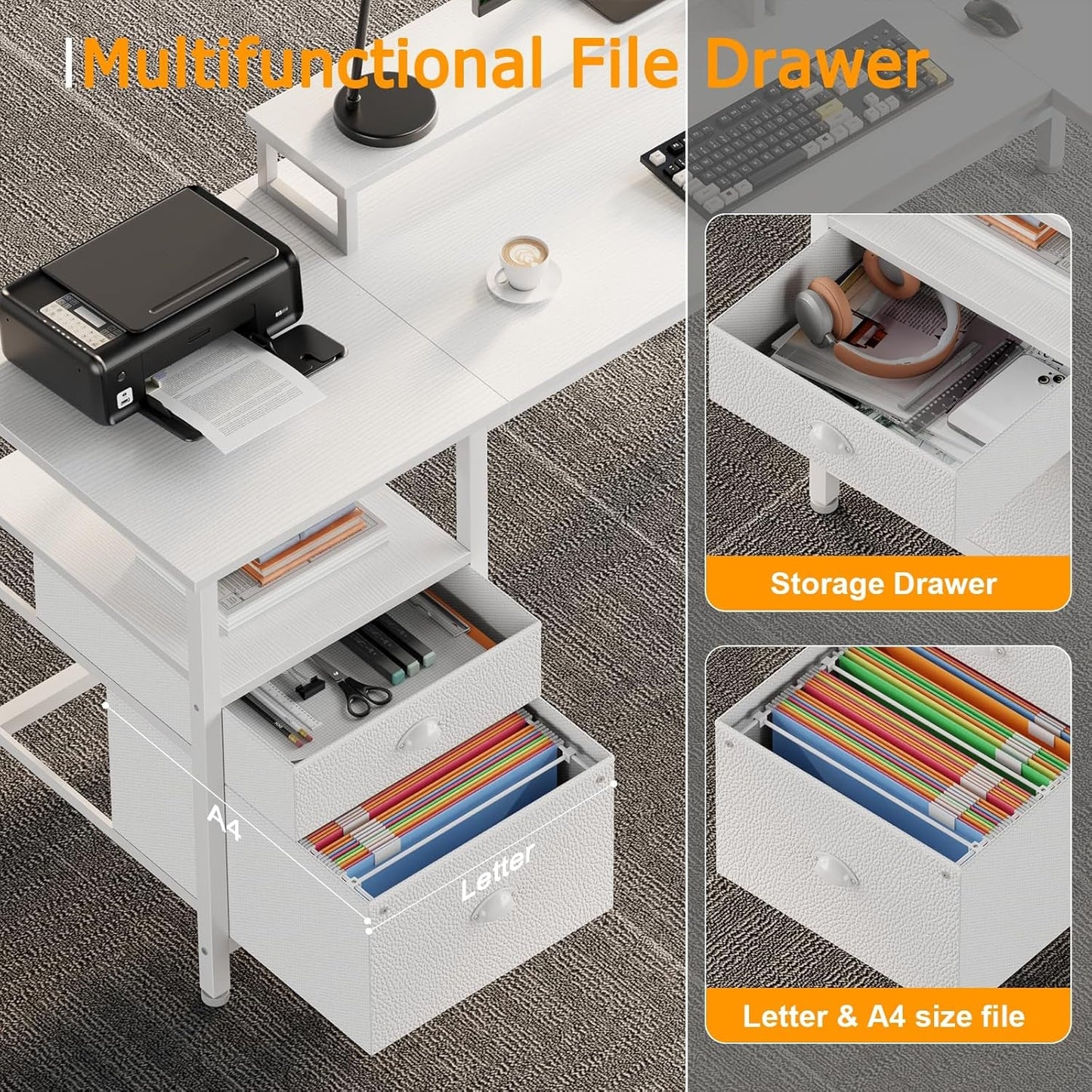 White Fifty Nine Inch L Shaped Desk With Power Outlets