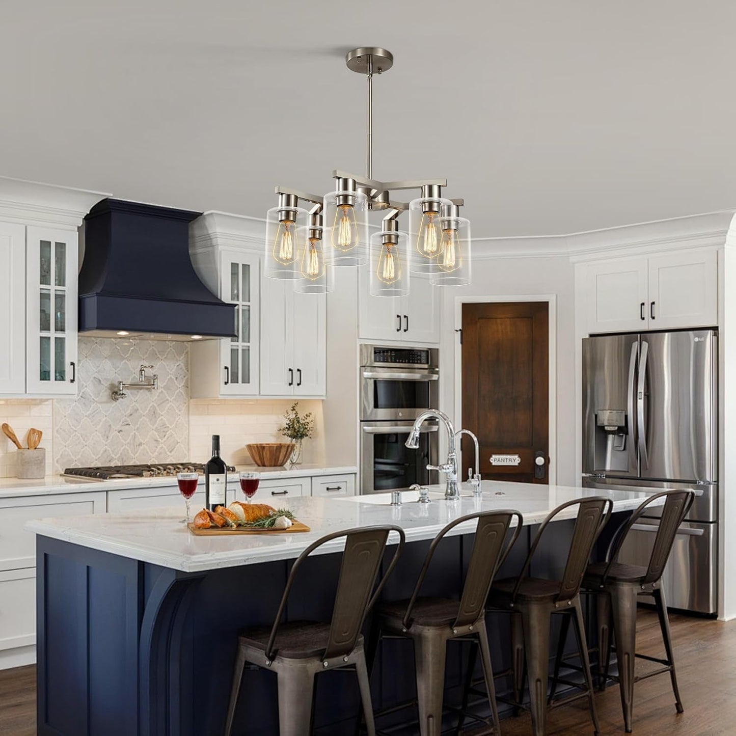 6 Light Farmhouse Brushed Nickel Pendant Chandelier