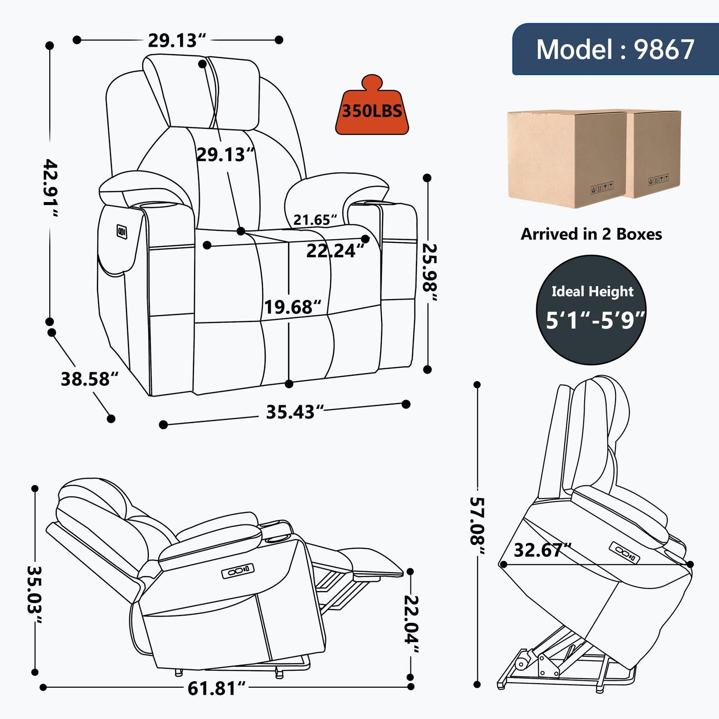 Up to 350 LBS polyester Power Lift Recliner Chair, Heavy Duty Motion Mechanism with 8-Point Vibration Massage and Lumbar Heating, USB and Type-C Ports, Stainless Steel Cup Holders, Khaki