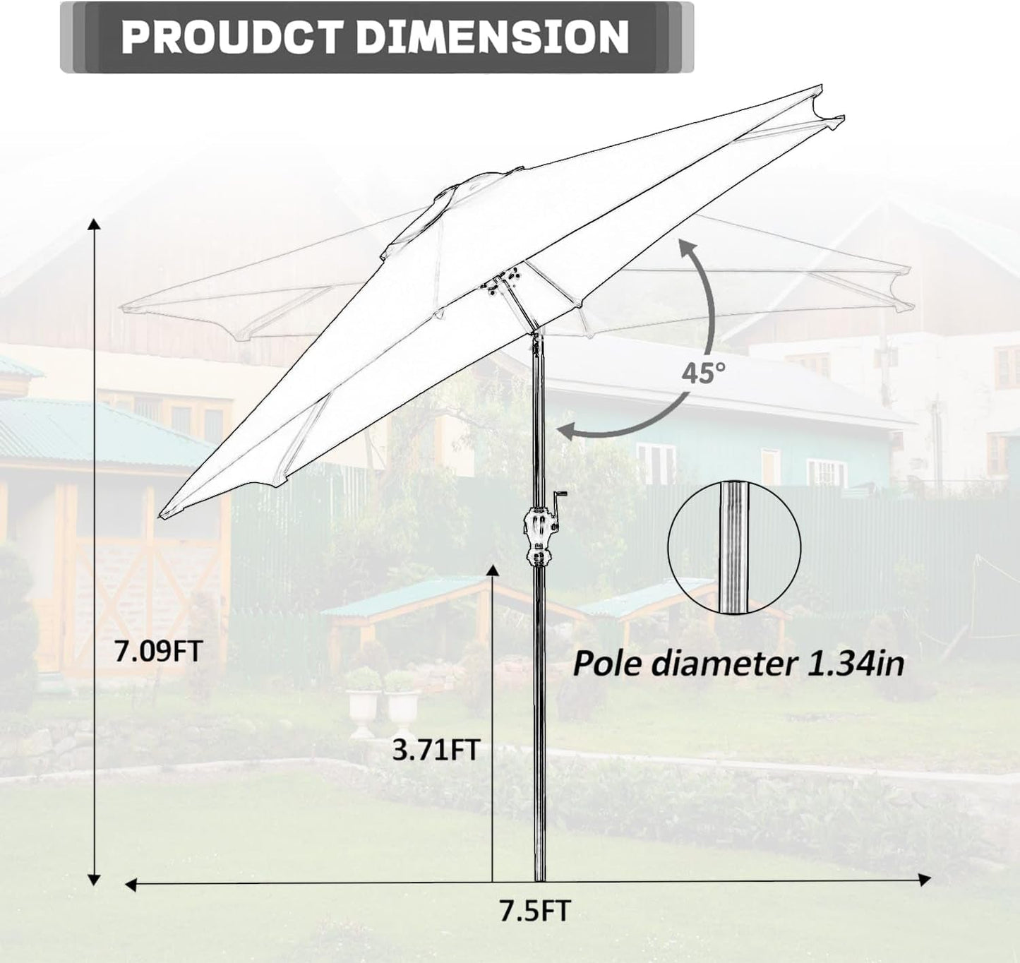7.5 Foot Aluminum Patio Umbrella Tilt Crank Outdoor Shade