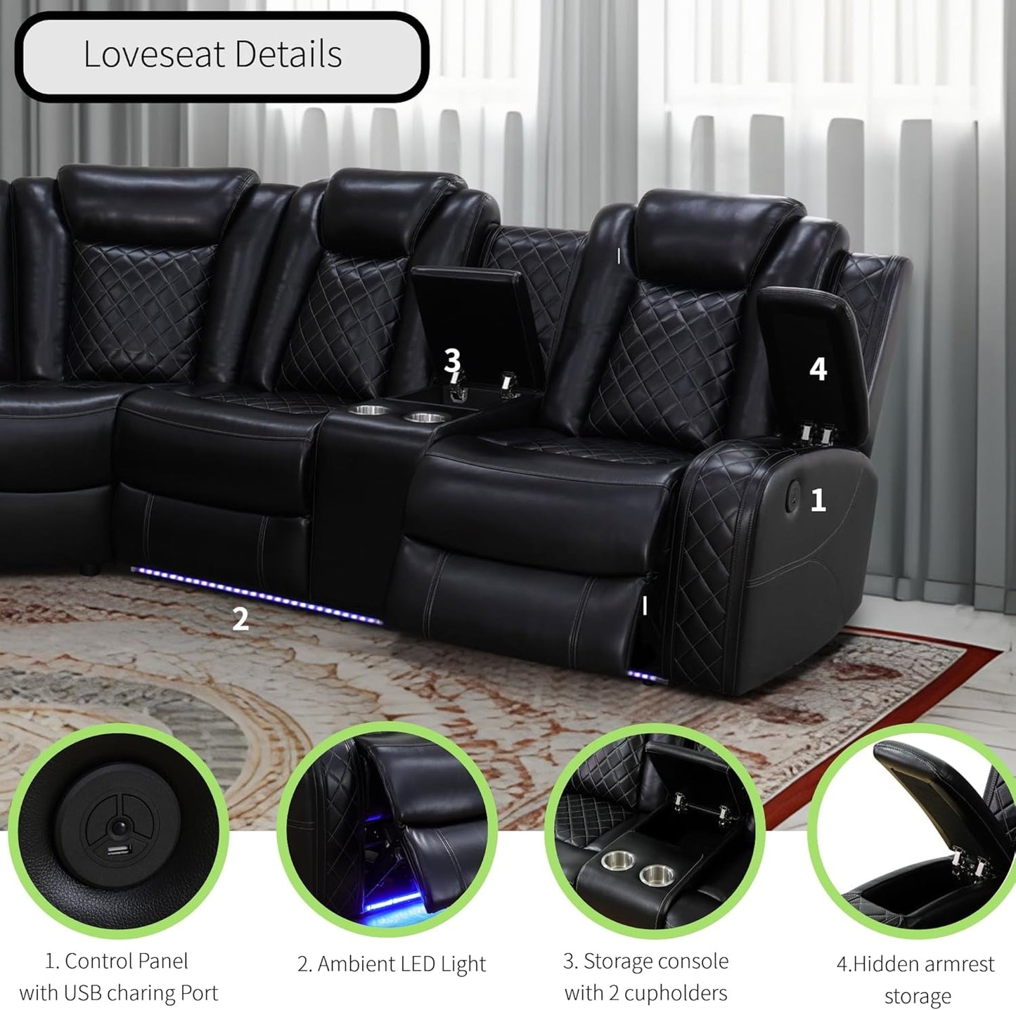 Power Recliner Sectional Sofa Black With LED Lights