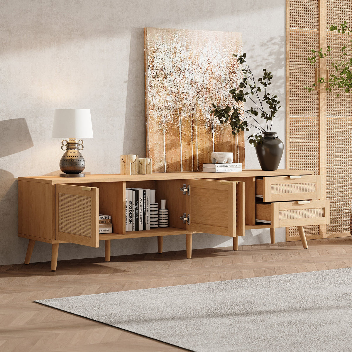 70 Inch Modern TV Stand with Rattan Doors for TVs up to 80"