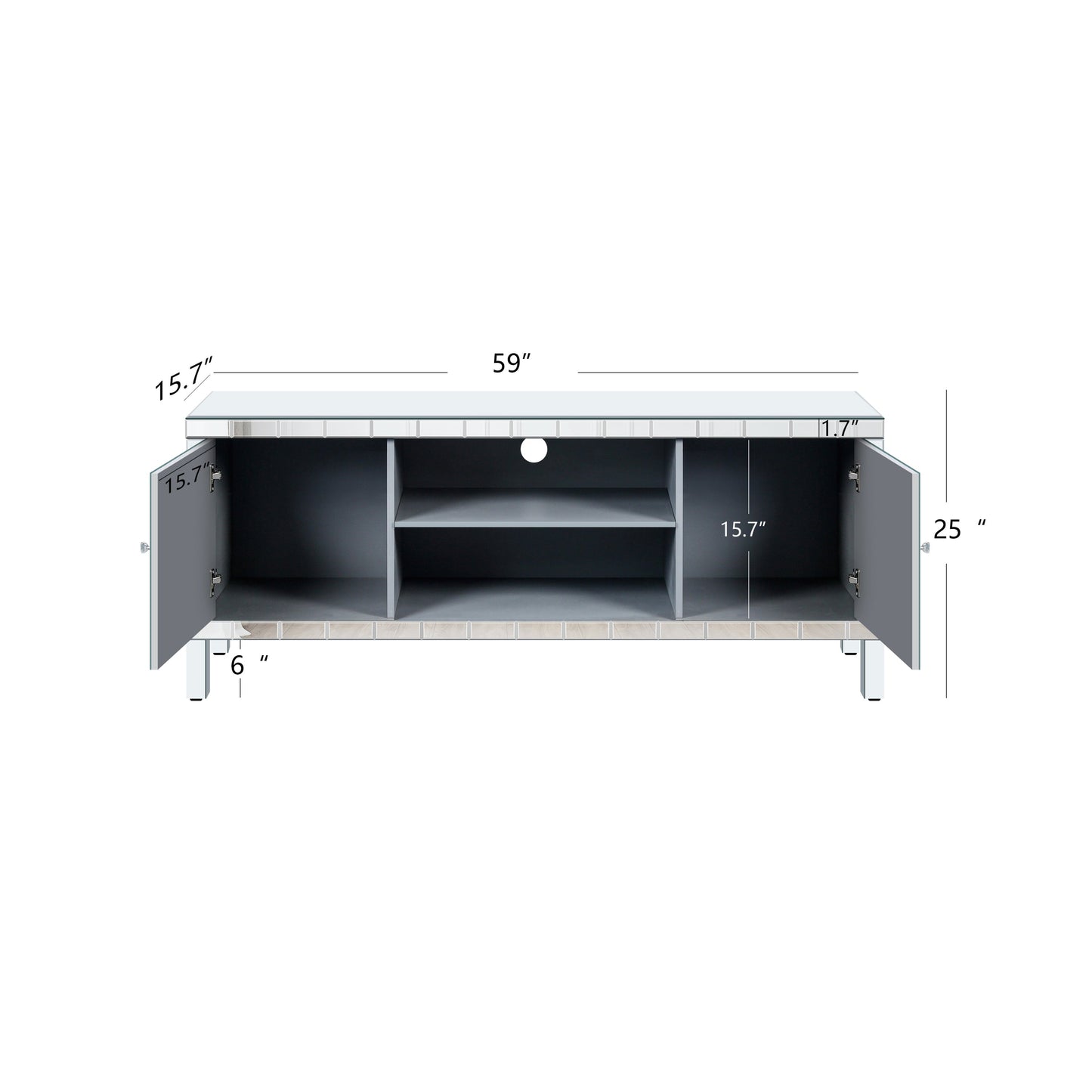 Mirrored TV Stand for 65+ inch TV,Sliver TV Console Table with Open Storage & 2 Storage Cabinets ,Diamond Shape Sparkling Mirror Doors for Living Room(59''W x 25.2''H x 15.7D)