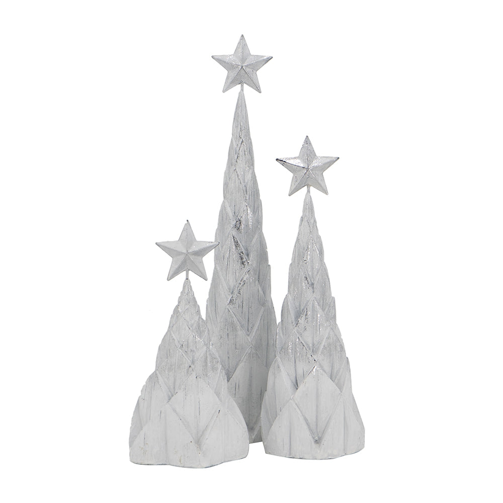 Set of 3 Resin White/Silver Foil Christmas Trees