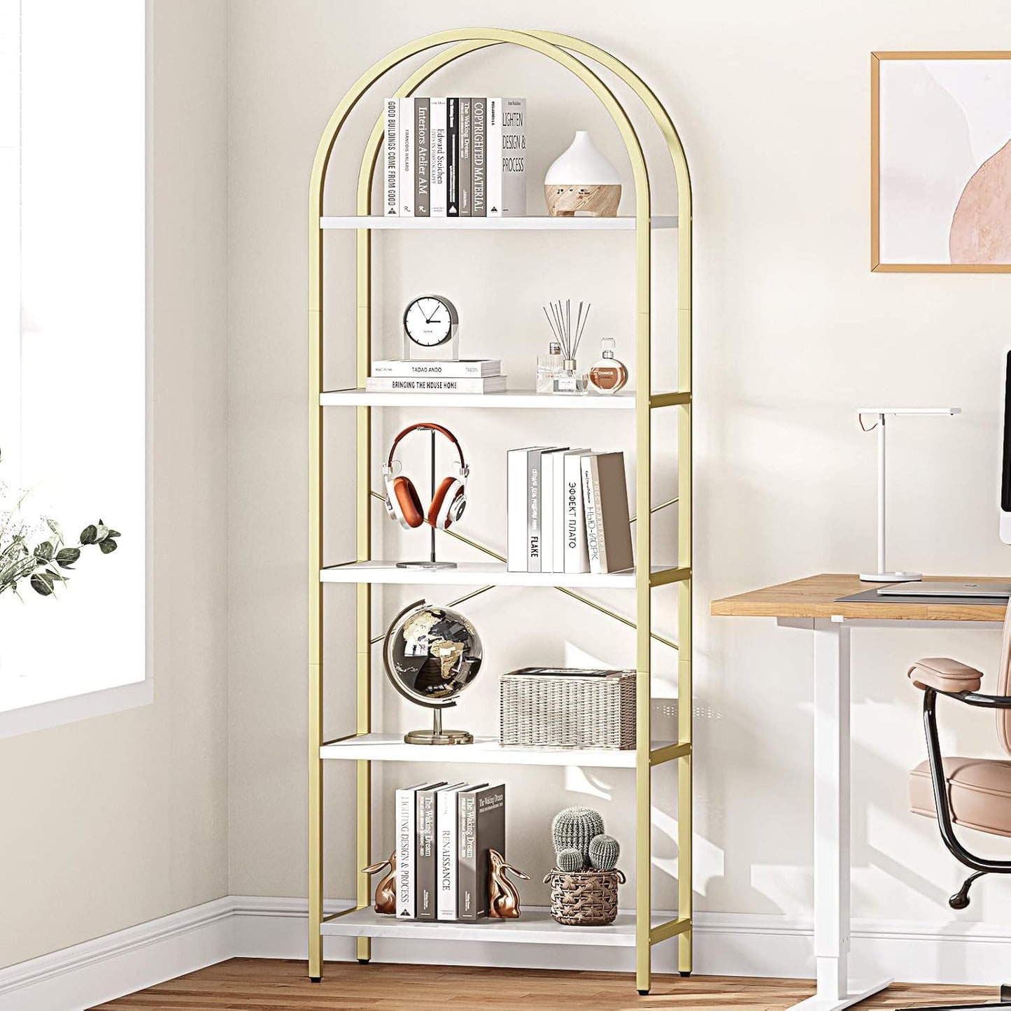 5 Tier Bookshelf Arched Display White Gold Metal Frame Bookcase