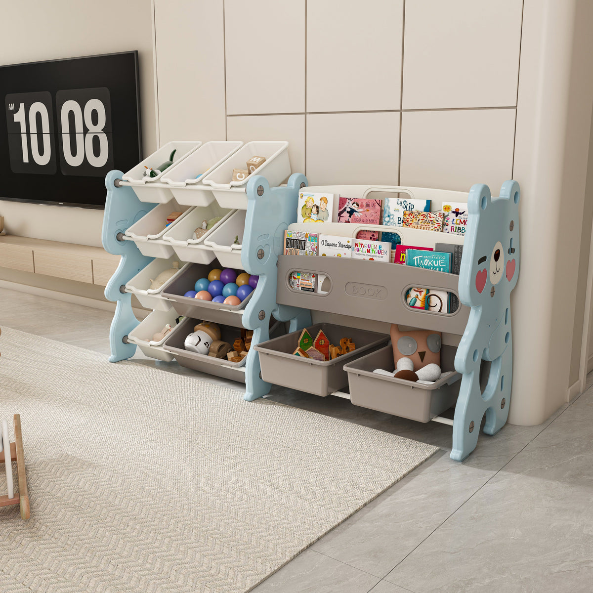 Kids Toy Storage Organizer with 2 Tier Bookshelf